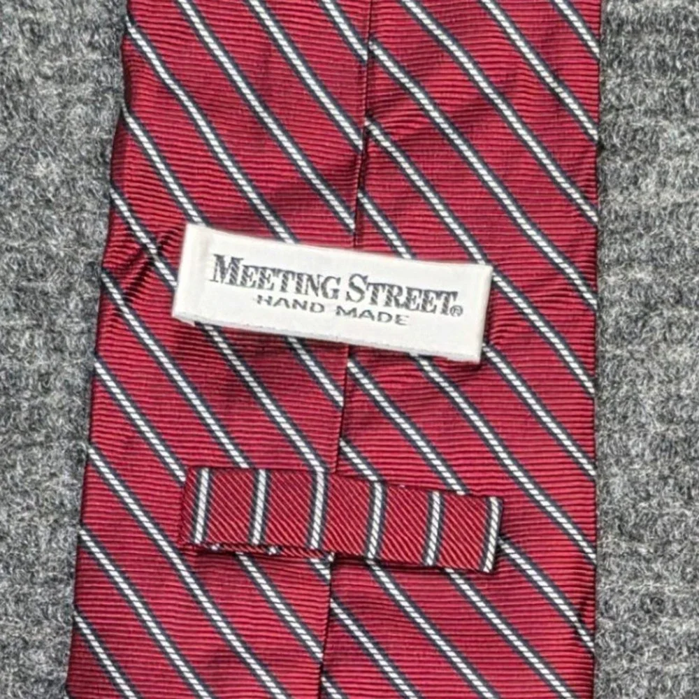 Meeting Street Silk Necktie Men's Red White Navy Blue Striped Hand‎ Made Classic